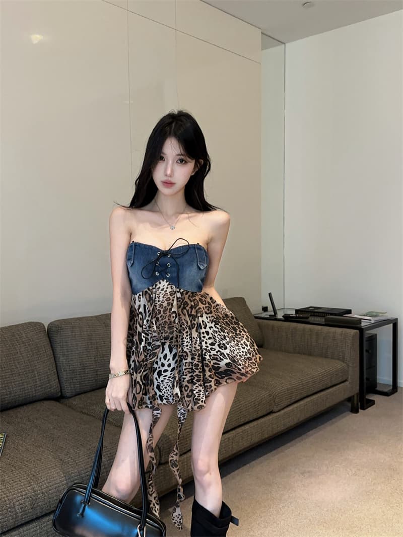 정가 실사 섹시함 핫걸 데님 패치워크 레오파드 무늬 쉬폰 튜브탑 불규칙 리본 섹시함 맨위 상세 이미지 8