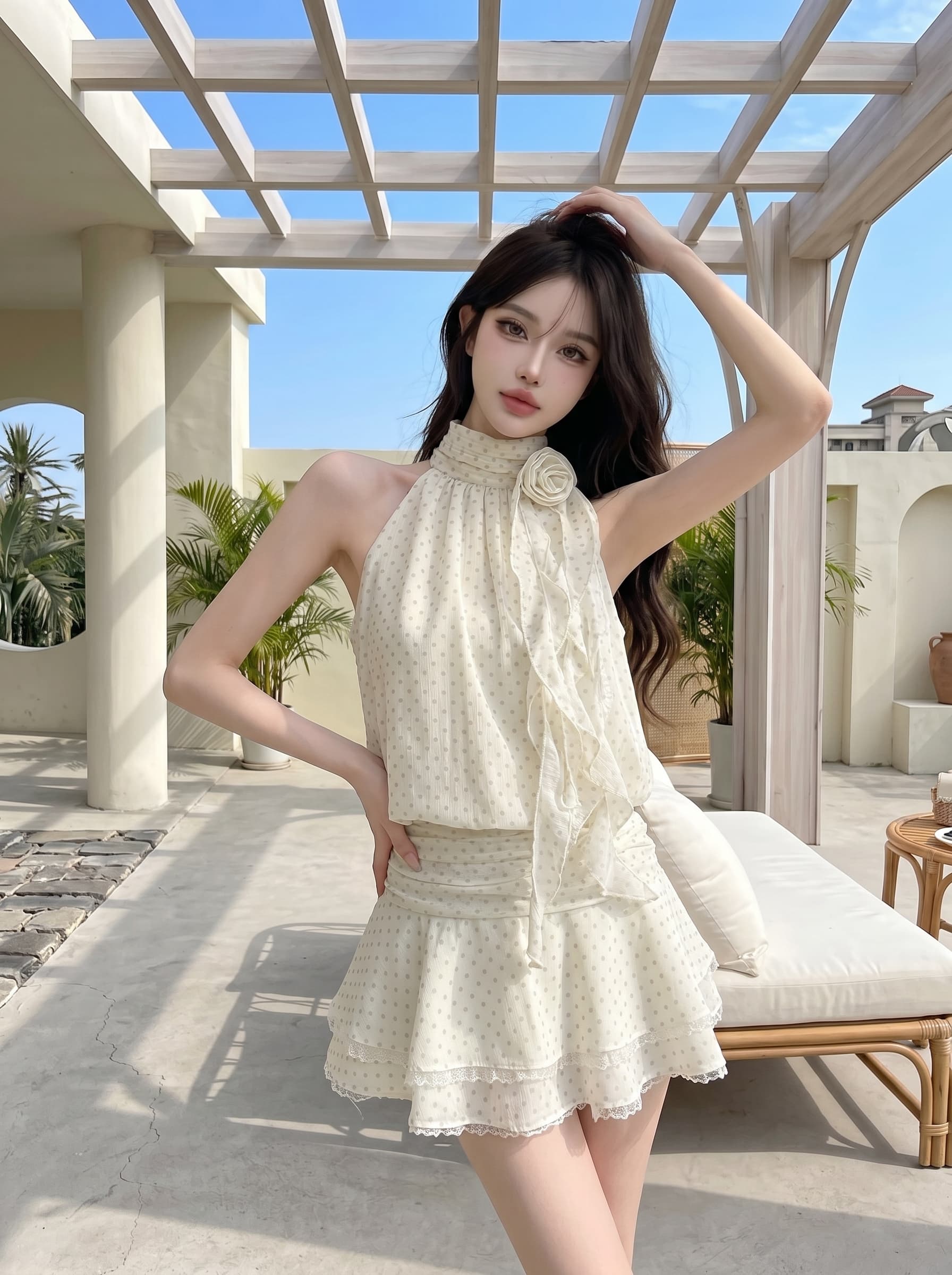 실사 정가 행침 목 여성 드레스 여름 민소매 미니 스커트 프랑스식 핫걸 디자인 센스 품격 화이트 도트 무늬 치마 상세 이미지 3
