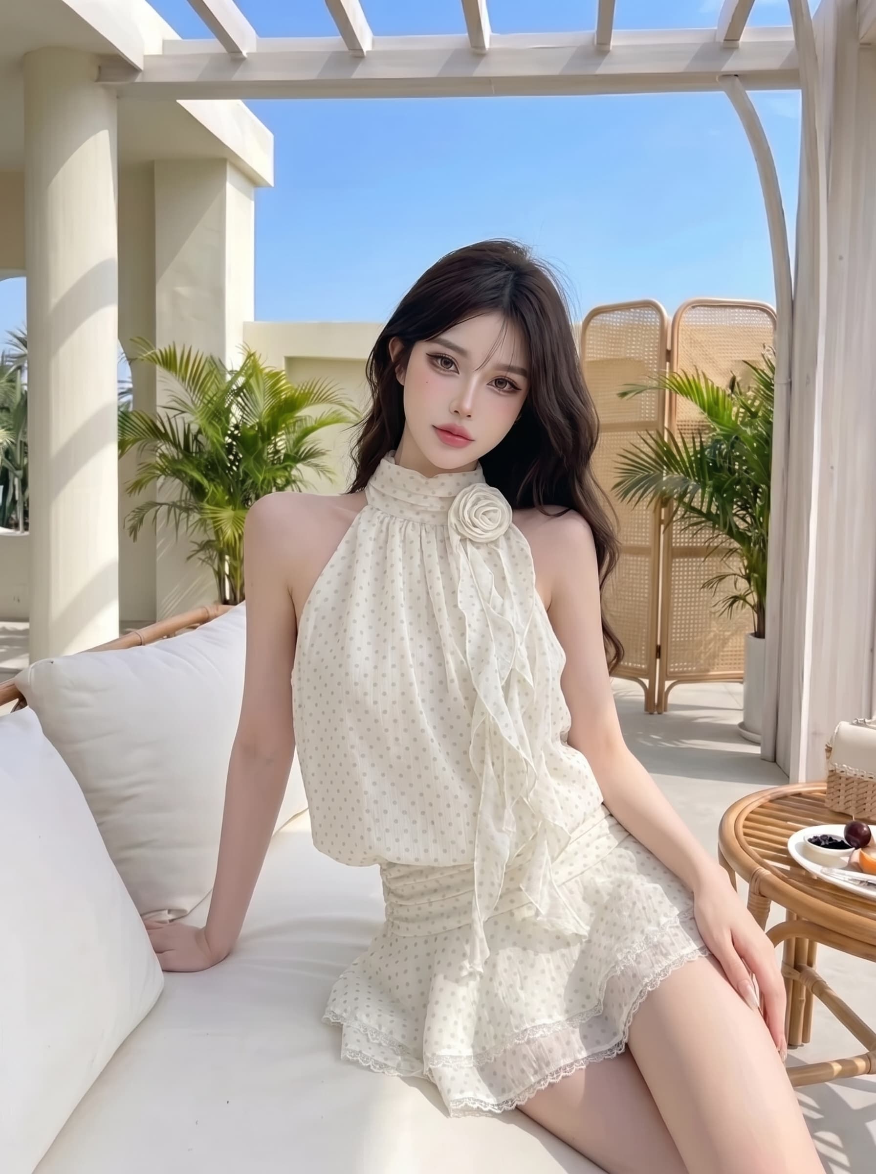 실사 정가 행침 목 여성 드레스 여름 민소매 미니 스커트 프랑스식 핫걸 디자인 센스 품격 화이트 도트 무늬 치마 상세 이미지 4