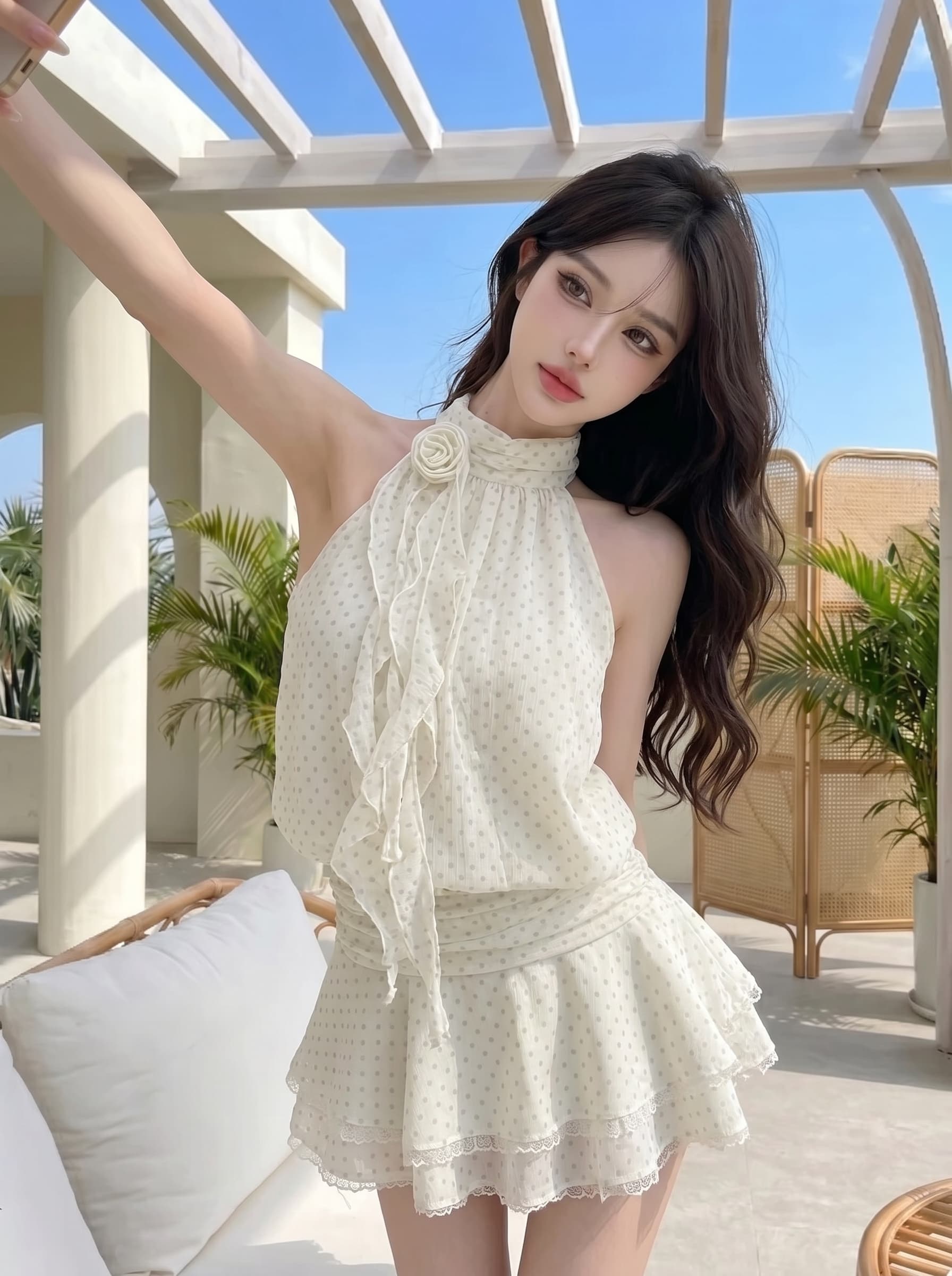 실사 정가 행침 목 여성 드레스 여름 민소매 미니 스커트 프랑스식 핫걸 디자인 센스 품격 화이트 도트 무늬 치마 상세 이미지 5
