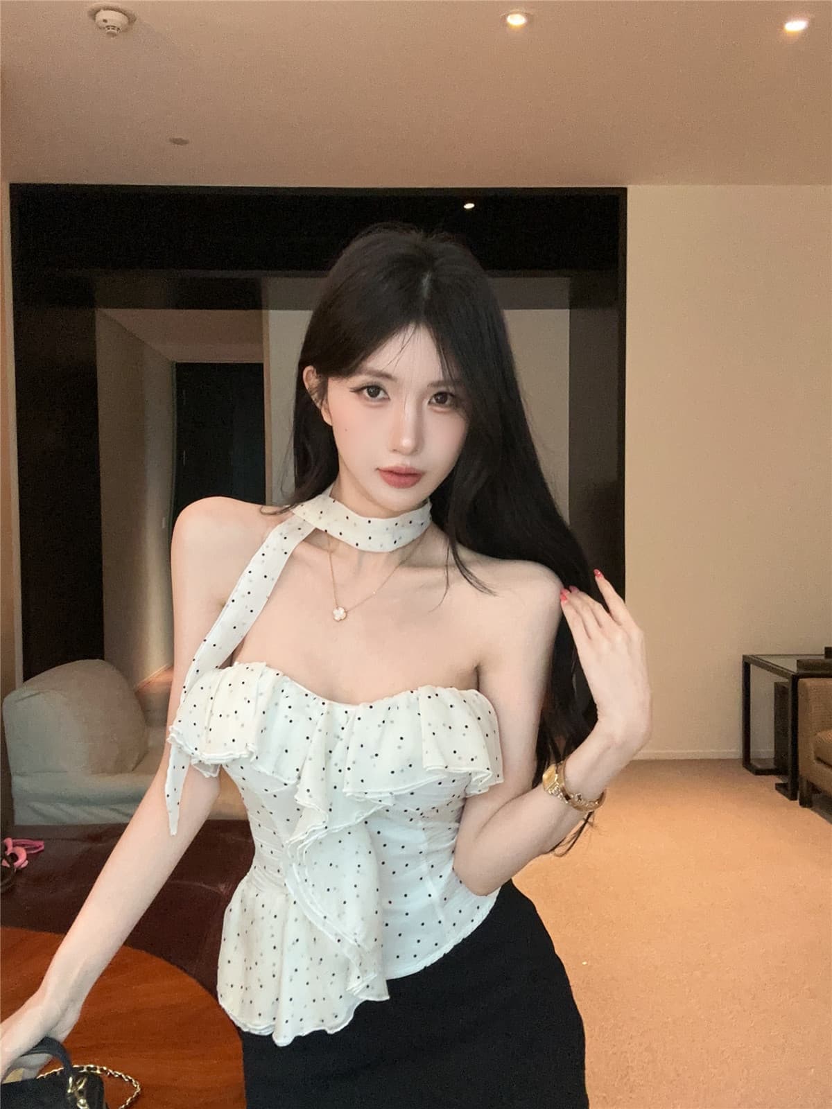실사 프랑스식 화이트 도트 무늬 프릴 오프숄더 맨위 순수한 욕망 디자인 센스 오프숄더 튜브탑 조끼 상세 이미지 1
