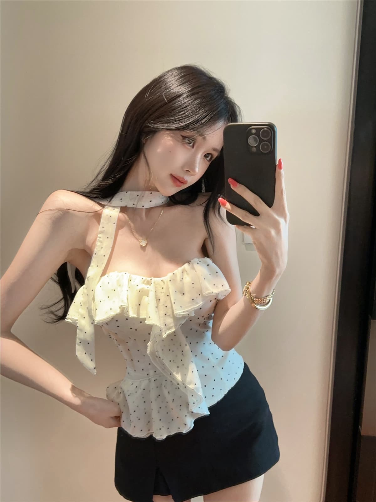 실사 프랑스식 화이트 도트 무늬 프릴 오프숄더 맨위 순수한 욕망 디자인 센스 오프숄더 튜브탑 조끼 상세 이미지 5