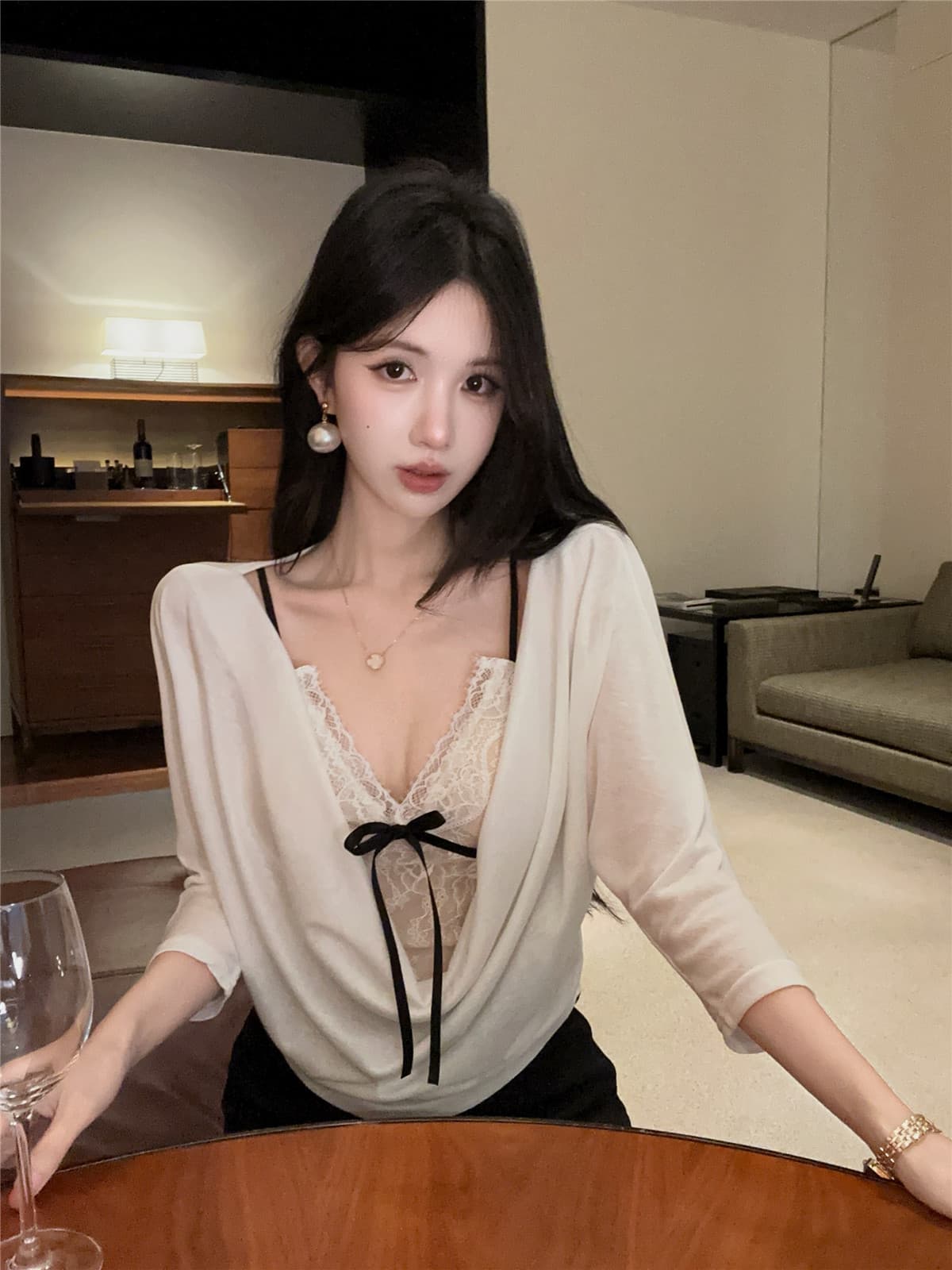 실사 정가 순수한 욕망 핫걸 세트 레이스 슬립 흔들다 칼라 슬림해 보이는 블라우스 맨위 투피스 세트 상세 이미지 1