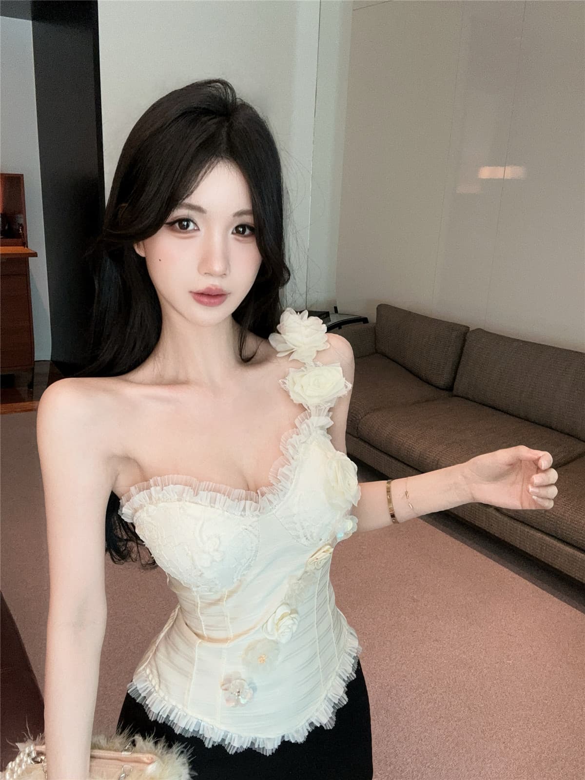 실사 정가 살구 색상 비스듬한 어깨 튜브탑 절묘한 아름다운 꽃 조끼 디자인 센스 생선뼈 허리 수축 켜기 벨트 가슴 패드 상세 이미지 1