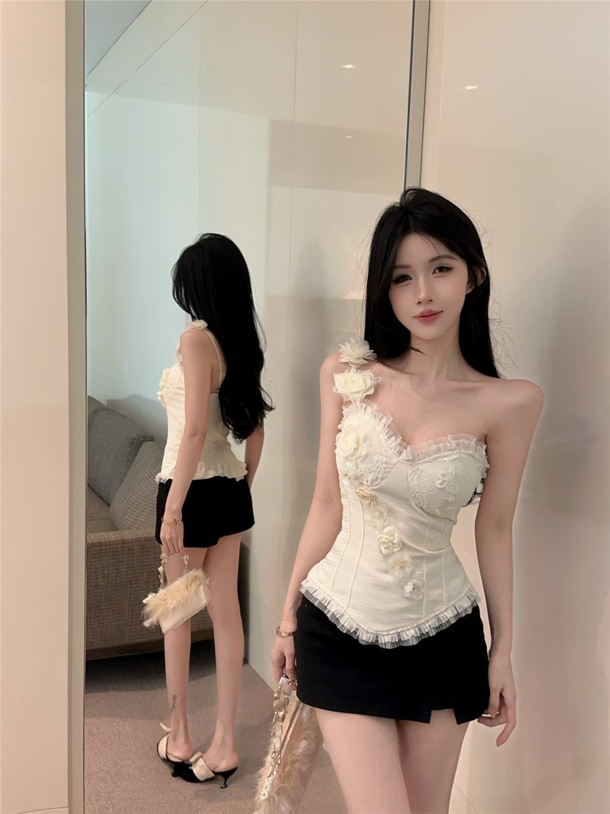 실사 정가 살구 색상 비스듬한 어깨 튜브탑 절묘한 아름다운 꽃 조끼 디자인 센스 생선뼈 허리 수축 켜기 벨트 가슴 패드 상세 이미지 7