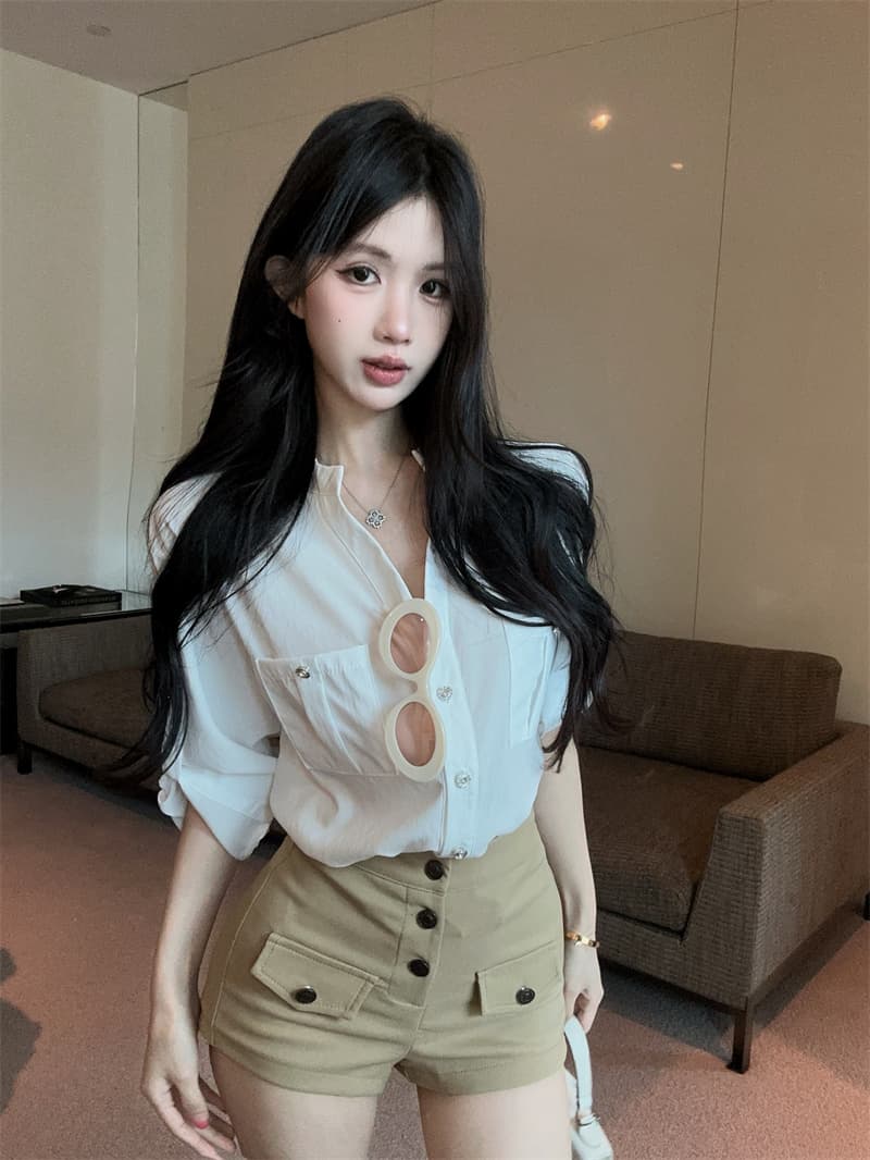 정가 실사 V넥 여성 셔츠 한 부서 캐주얼 루즈핏 긴팔 자외선 차단 만나는 맨위 세트 여성 하이웨이스트 쇼트 스타일 이미지 2