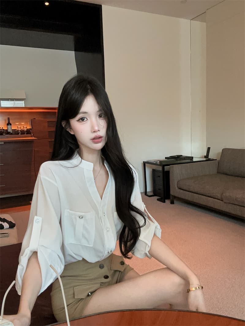 정가 실사 V넥 여성 셔츠 한 부서 캐주얼 루즈핏 긴팔 자외선 차단 만나는 맨위 세트 여성 하이웨이스트 쇼트 스타일 이미지 4