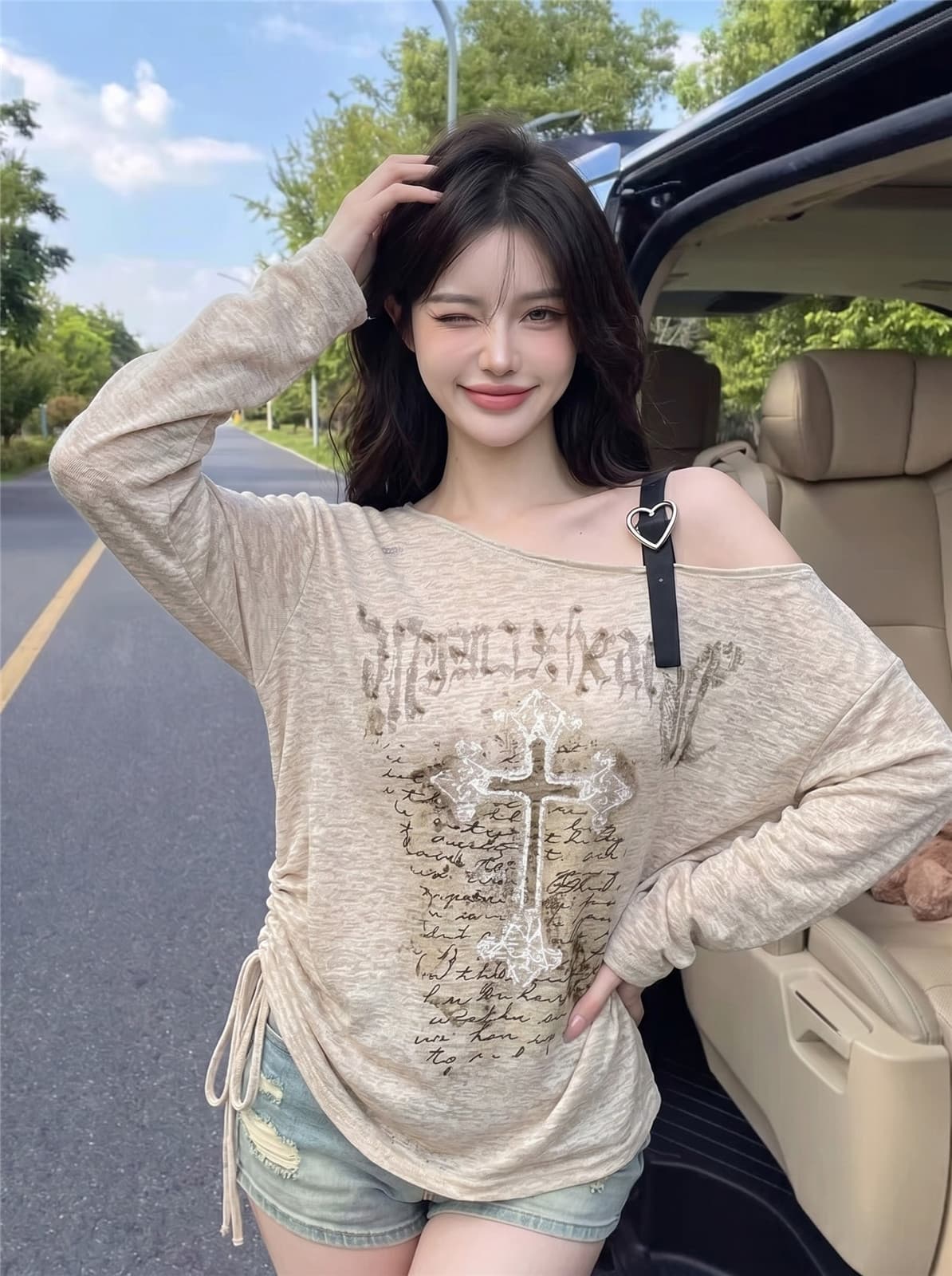 실사 정가 핫걸 비스듬한 어깨 자외선 차단 블라우스 긴팔 티셔츠 여름 디자인 센스 느긋한 바람 루즈핏 오프숄더 맨위 상세 이미지 8