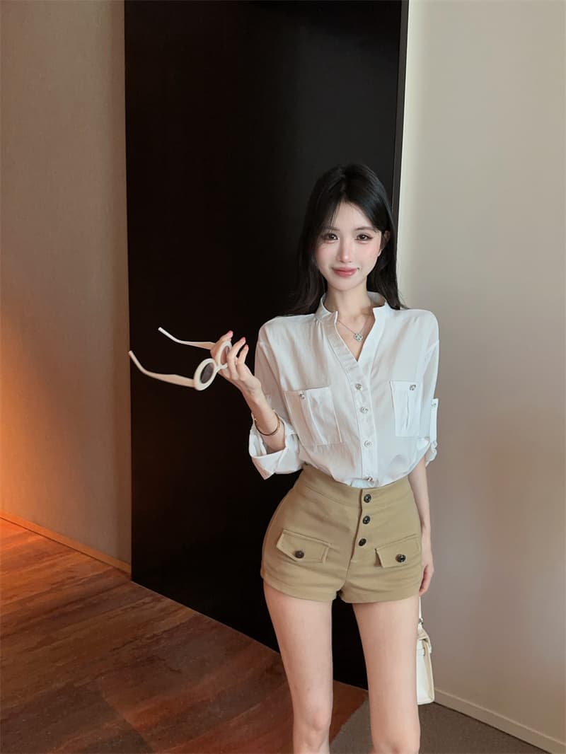 정가 실사 V넥 여성 셔츠 한 부서 캐주얼 루즈핏 긴팔 자외선 차단 만나는 맨위 세트 여성 하이웨이스트 쇼트 스타일 상세 이미지 3