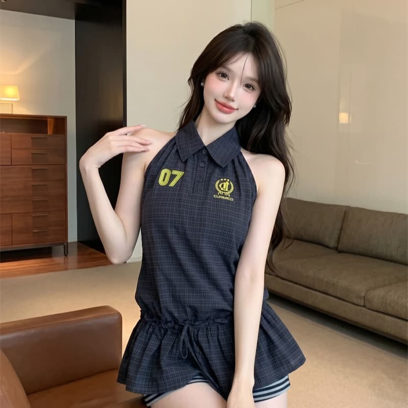 정가 실사 아메리칸 핫걸 체크무늬 숫자 자수 폴로 칼라 여성 연령 감소 캐주얼 허리 수축 디자인 센스 민소매 맨위 이미지 4