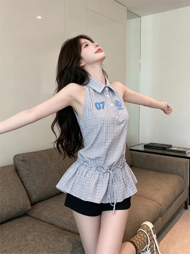 정가 실사 아메리칸 핫걸 체크무늬 숫자 자수 폴로 칼라 여성 연령 감소 캐주얼 허리 수축 디자인 센스 민소매 맨위 상세 이미지 7