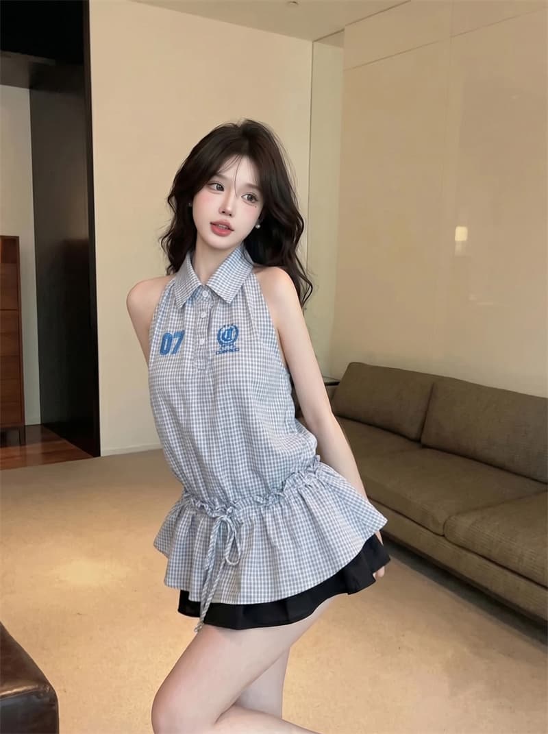 정가 실사 아메리칸 핫걸 체크무늬 숫자 자수 폴로 칼라 여성 연령 감소 캐주얼 허리 수축 디자인 센스 민소매 맨위 상세 이미지 8