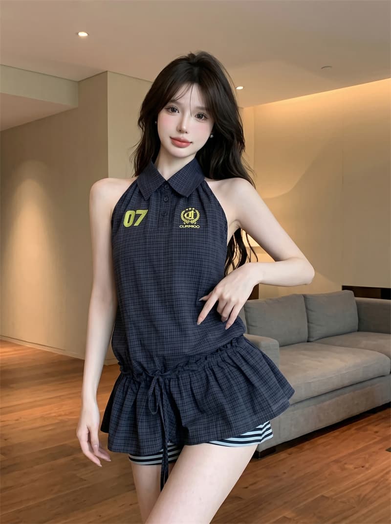 정가 실사 아메리칸 핫걸 체크무늬 숫자 자수 폴로 칼라 여성 연령 감소 캐주얼 허리 수축 디자인 센스 민소매 맨위 상세 이미지 9