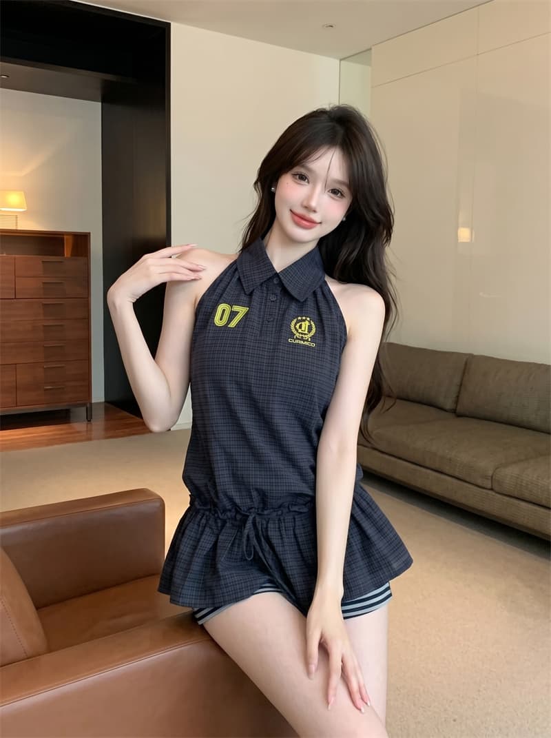 정가 실사 아메리칸 핫걸 체크무늬 숫자 자수 폴로 칼라 여성 연령 감소 캐주얼 허리 수축 디자인 센스 민소매 맨위 상세 이미지 10
