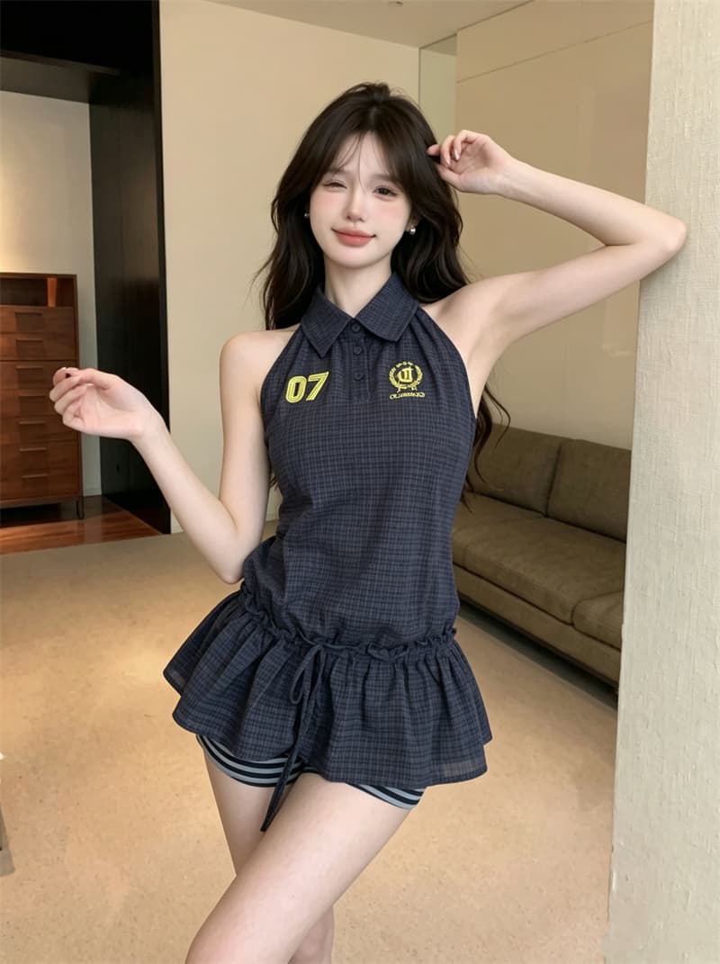 정가 실사 아메리칸 핫걸 체크무늬 숫자 자수 폴로 칼라 여성 연령 감소 캐주얼 허리 수축 디자인 센스 민소매 맨위 상세 이미지 16