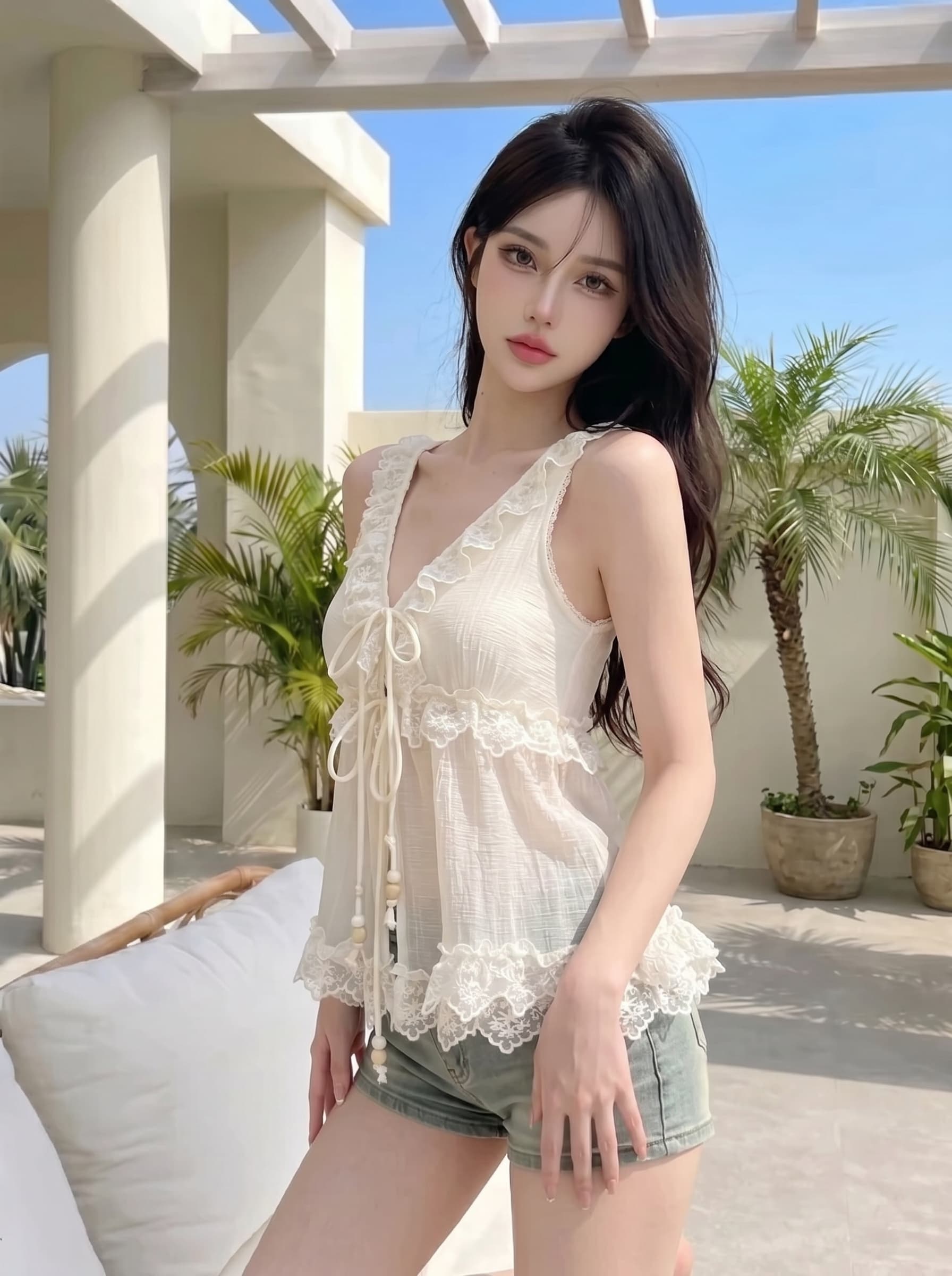 실사 정가 부드러운 품격 민소매 슬립 작은 셔츠 순수한 욕망 Chic 레이스 허리 수축 V넥 레이스업 맨위 이미지 2