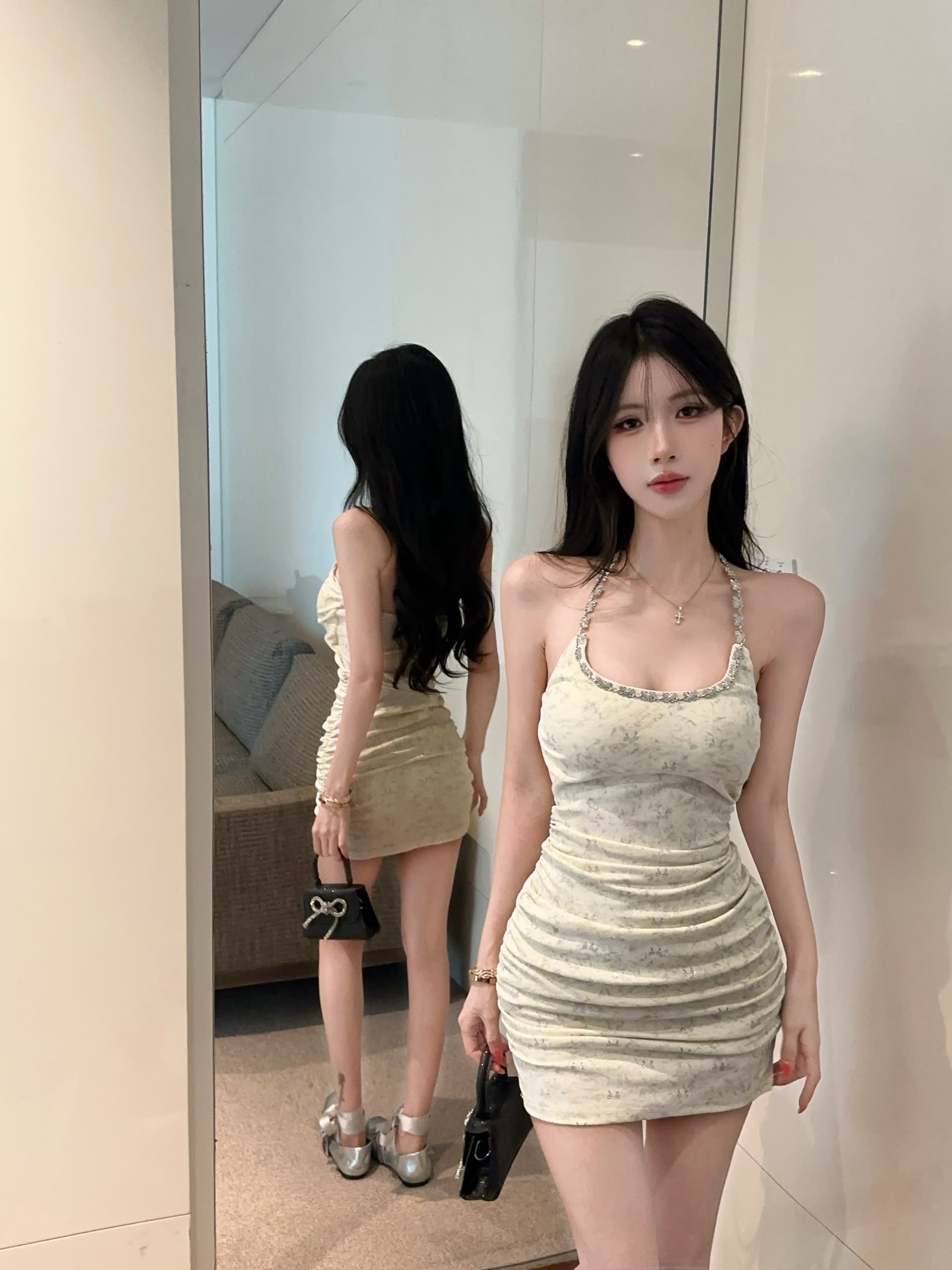실사 정가 나비 훈련 체인 행침 목 드레스 핫걸 바람 몸매 가꾸기 백리스 슬립 타이트 스커트 미니 스커트 상세 이미지 10