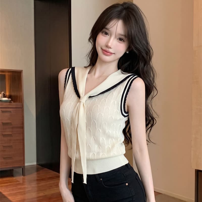 정가 실사 프랑스식 해군 칼라 V넥 니트 반팔 티셔츠 여성 여름 배색 민소매 조끼 몸매 가꾸기 숄 맨위 이미지 2