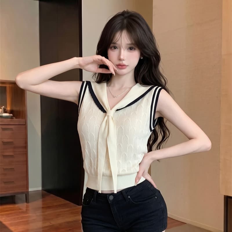 정가 실사 프랑스식 해군 칼라 V넥 니트 반팔 티셔츠 여성 여름 배색 민소매 조끼 몸매 가꾸기 숄 맨위 이미지 4