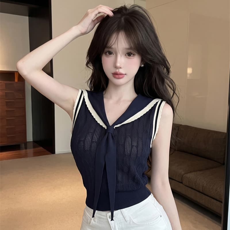 정가 실사 프랑스식 해군 칼라 V넥 니트 반팔 티셔츠 여성 여름 배색 민소매 조끼 몸매 가꾸기 숄 맨위 이미지 5