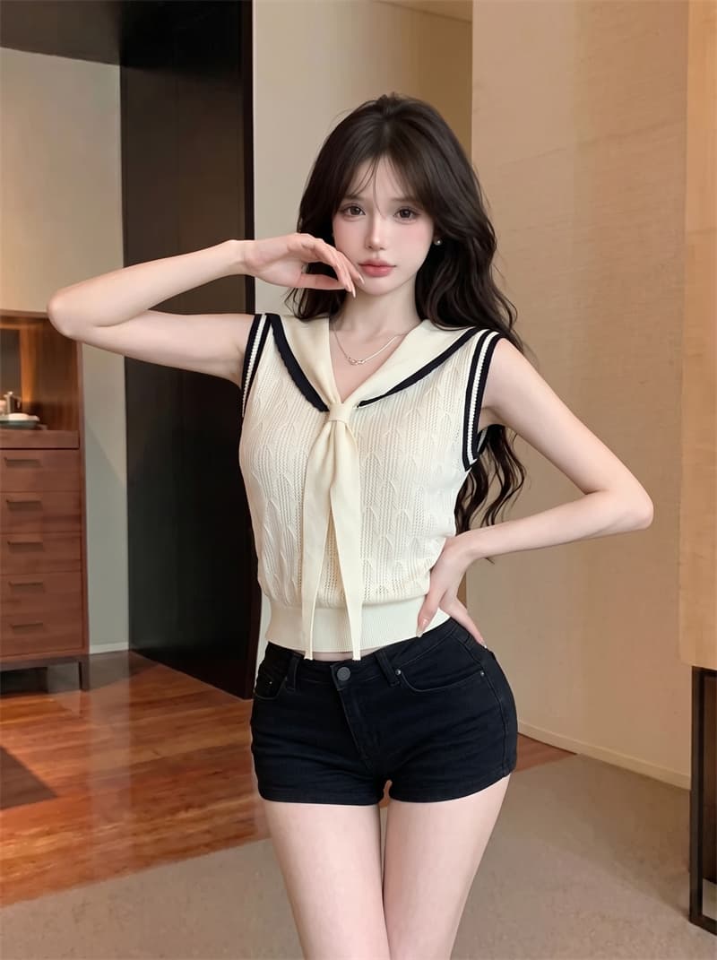 정가 실사 프랑스식 해군 칼라 V넥 니트 반팔 티셔츠 여성 여름 배색 민소매 조끼 몸매 가꾸기 숄 맨위 상세 이미지 1