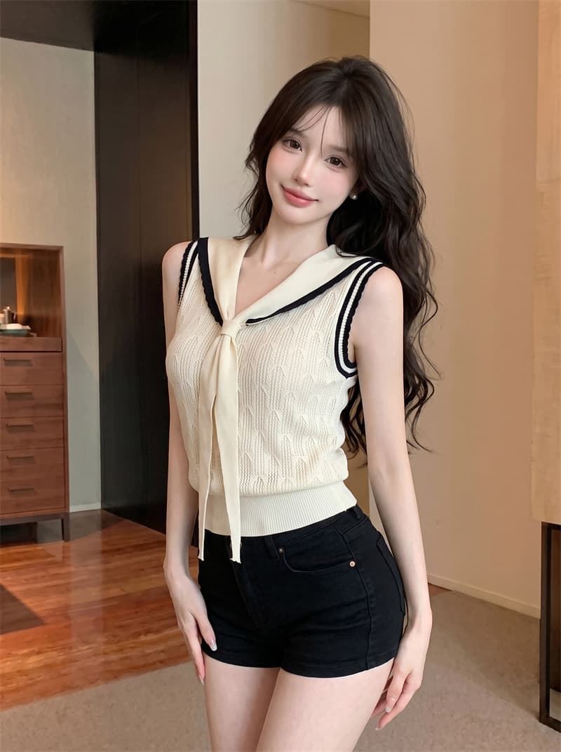 정가 실사 프랑스식 해군 칼라 V넥 니트 반팔 티셔츠 여성 여름 배색 민소매 조끼 몸매 가꾸기 숄 맨위 상세 이미지 2