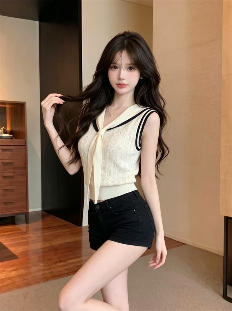 정가 실사 프랑스식 해군 칼라 V넥 니트 반팔 티셔츠 여성 여름 배색 민소매 조끼 몸매 가꾸기 숄 맨위 상세 이미지 3