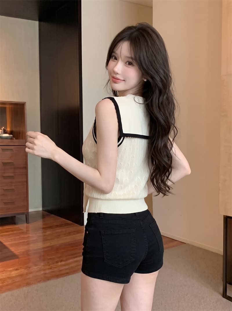 정가 실사 프랑스식 해군 칼라 V넥 니트 반팔 티셔츠 여성 여름 배색 민소매 조끼 몸매 가꾸기 숄 맨위 상세 이미지 6
