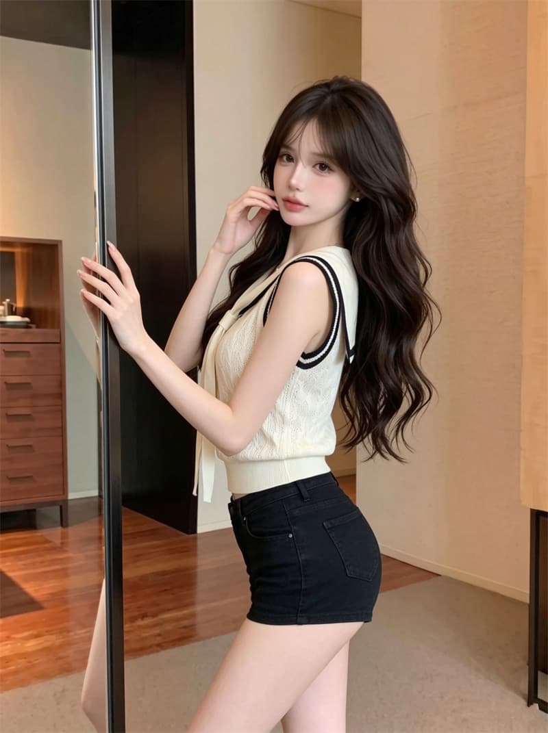 정가 실사 프랑스식 해군 칼라 V넥 니트 반팔 티셔츠 여성 여름 배색 민소매 조끼 몸매 가꾸기 숄 맨위 상세 이미지 7