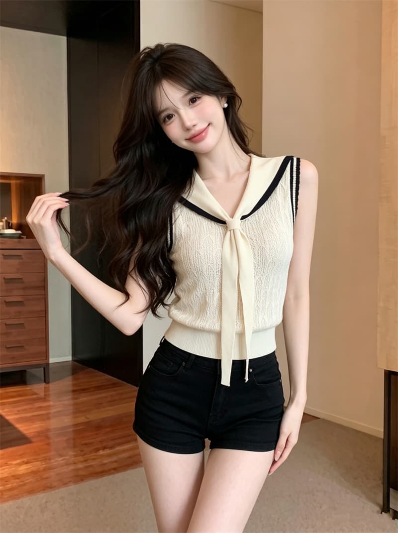 정가 실사 프랑스식 해군 칼라 V넥 니트 반팔 티셔츠 여성 여름 배색 민소매 조끼 몸매 가꾸기 숄 맨위 상세 이미지 8