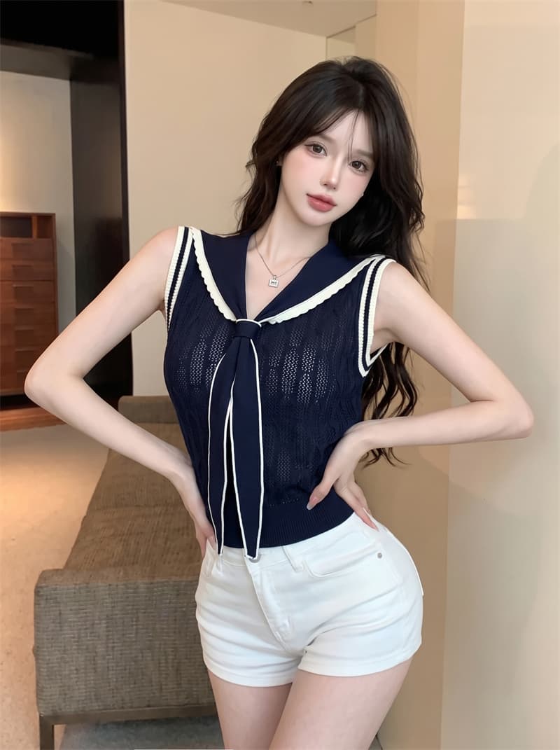 정가 실사 프랑스식 해군 칼라 V넥 니트 반팔 티셔츠 여성 여름 배색 민소매 조끼 몸매 가꾸기 숄 맨위 상세 이미지 10