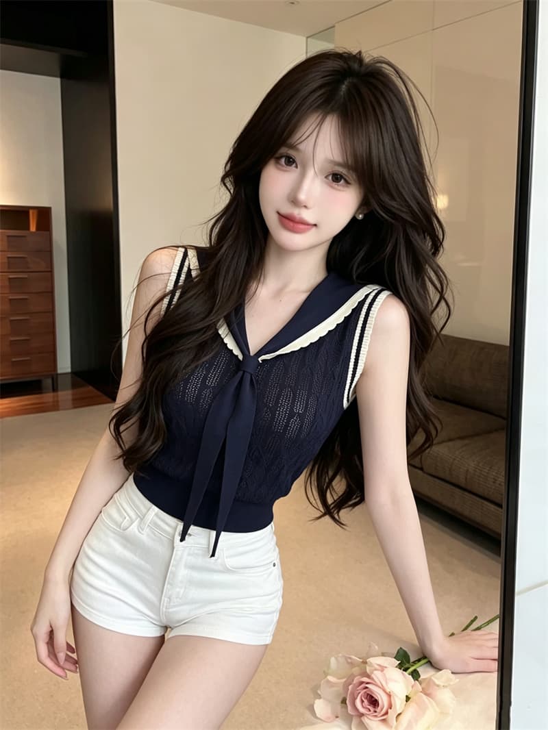 정가 실사 프랑스식 해군 칼라 V넥 니트 반팔 티셔츠 여성 여름 배색 민소매 조끼 몸매 가꾸기 숄 맨위 상세 이미지 11