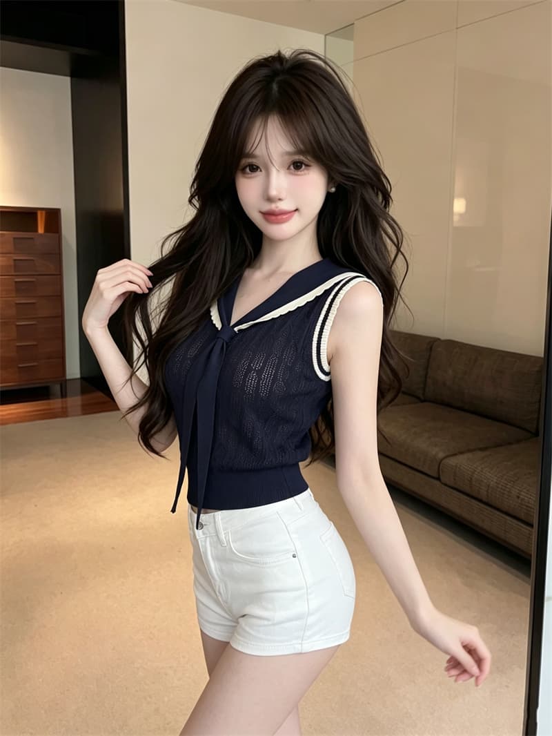 정가 실사 프랑스식 해군 칼라 V넥 니트 반팔 티셔츠 여성 여름 배색 민소매 조끼 몸매 가꾸기 숄 맨위 상세 이미지 14