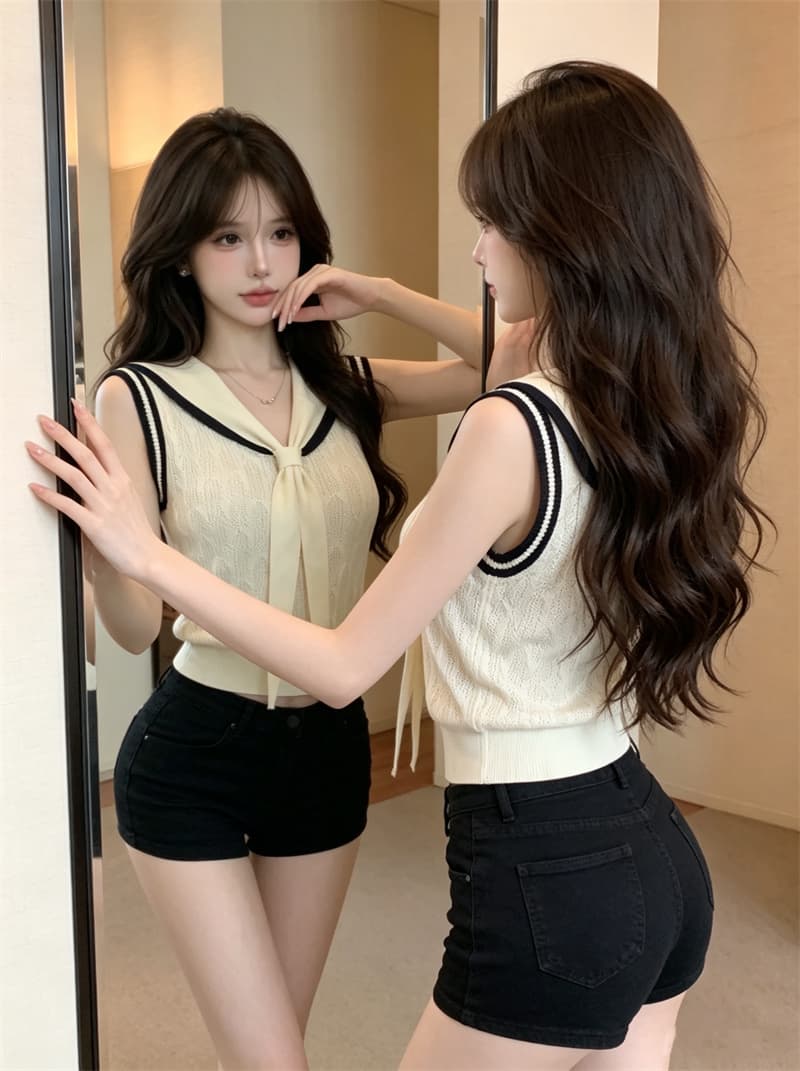 정가 실사 프랑스식 해군 칼라 V넥 니트 반팔 티셔츠 여성 여름 배색 민소매 조끼 몸매 가꾸기 숄 맨위 이미지 4