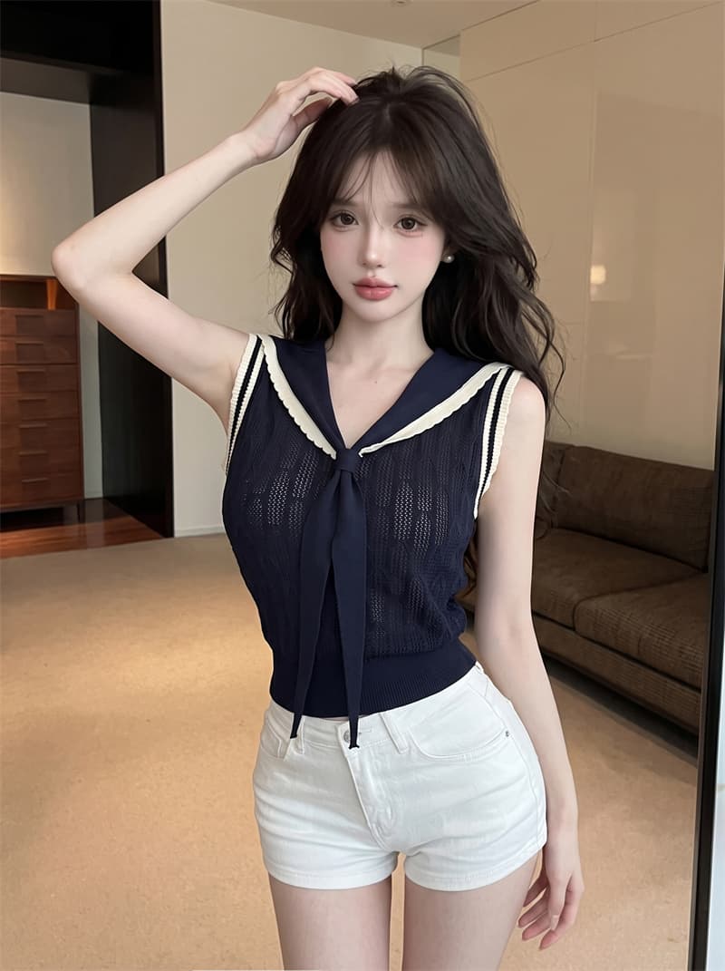 정가 실사 프랑스식 해군 칼라 V넥 니트 반팔 티셔츠 여성 여름 배색 민소매 조끼 몸매 가꾸기 숄 맨위 이미지 3