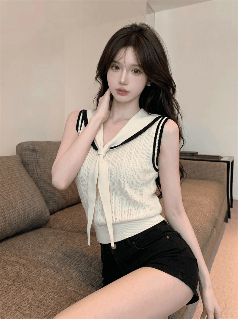 정가 실사 프랑스식 해군 칼라 V넥 니트 반팔 티셔츠 여성 여름 배색 민소매 조끼 몸매 가꾸기 숄 맨위 상세 이미지 4