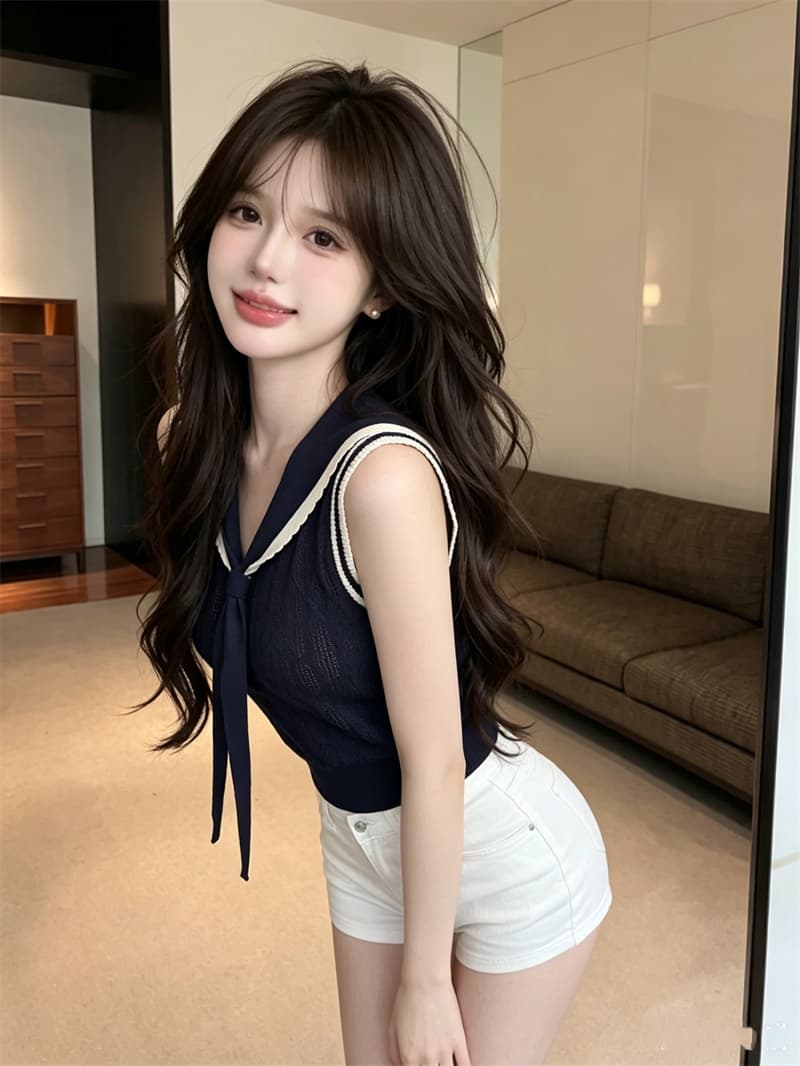 정가 실사 프랑스식 해군 칼라 V넥 니트 반팔 티셔츠 여성 여름 배색 민소매 조끼 몸매 가꾸기 숄 맨위 상세 이미지 16