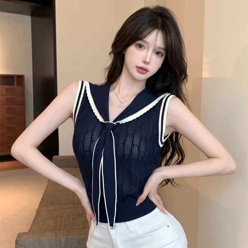 정가 실사 프랑스식 해군 칼라 V넥 니트 반팔 티셔츠 여성 여름 배색 민소매 조끼 몸매 가꾸기 숄 맨위