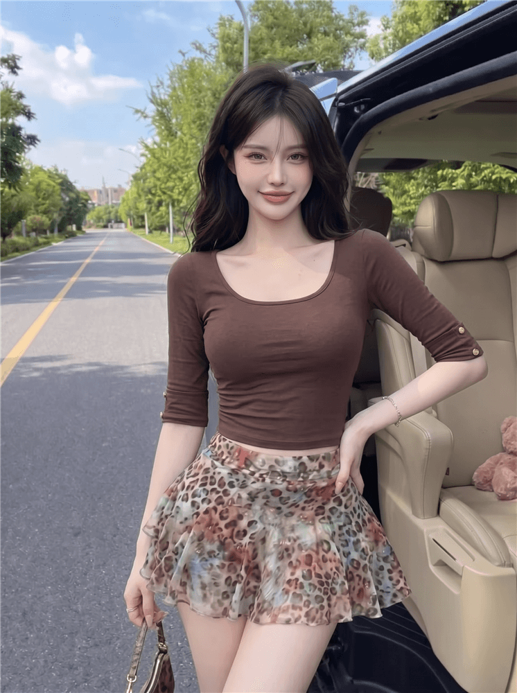 실사 정가 순수한 욕망 핫걸 대 u 칼라 중간 소매 타이트 슬림해 보이는 신축성 반소매 티셔츠 맨위 상세 이미지 7