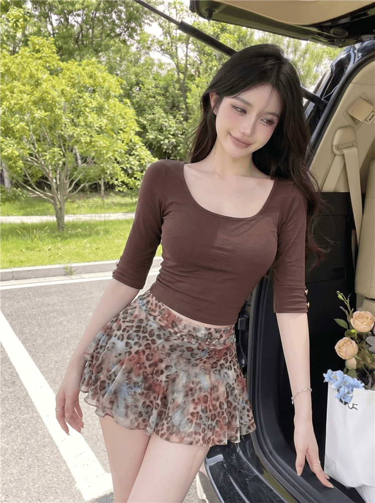 실사 정가 순수한 욕망 핫걸 대 u 칼라 중간 소매 타이트 슬림해 보이는 신축성 반소매 티셔츠 맨위 상세 이미지 8