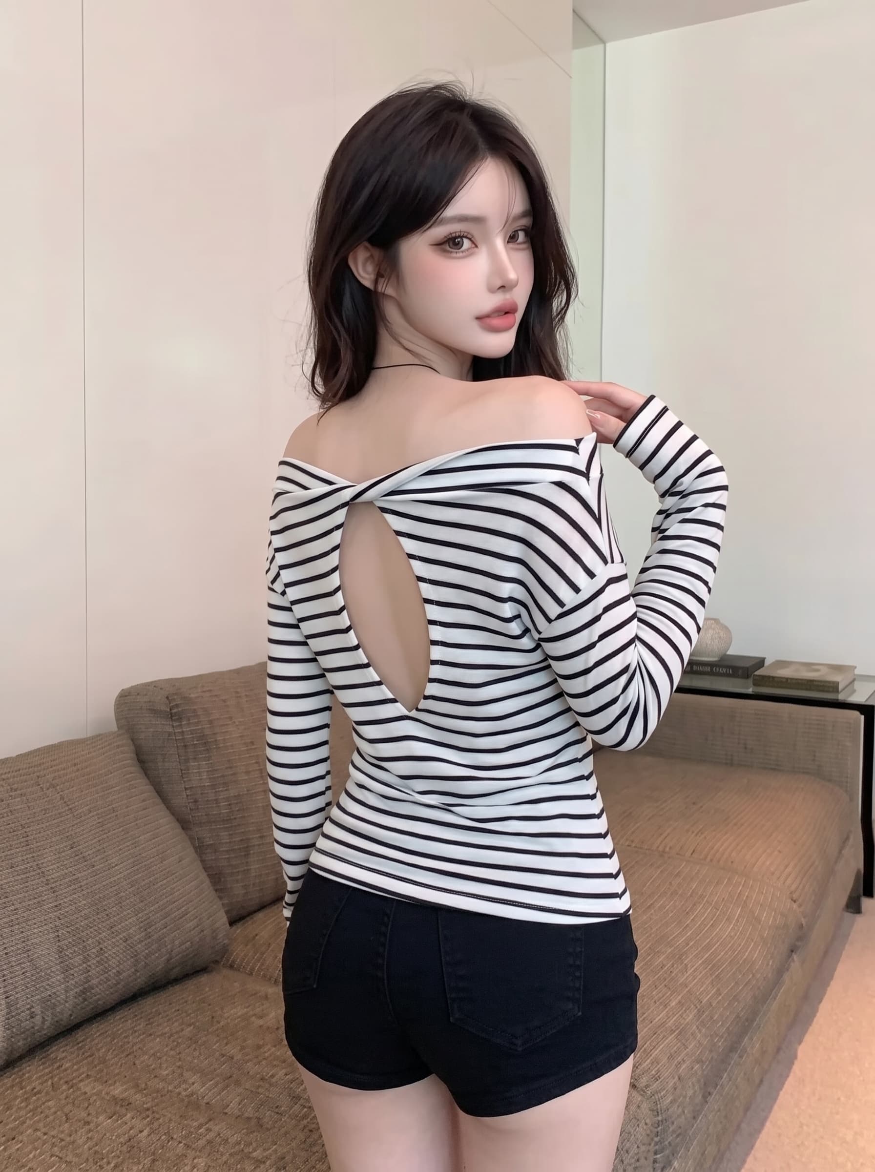 실사 정가 스트라이프 비스듬한 어깨 자외선 차단 블라우스 긴팔 티셔츠 여성 루즈핏 얇은 스타일 에어컨 맨위 이미지 2
