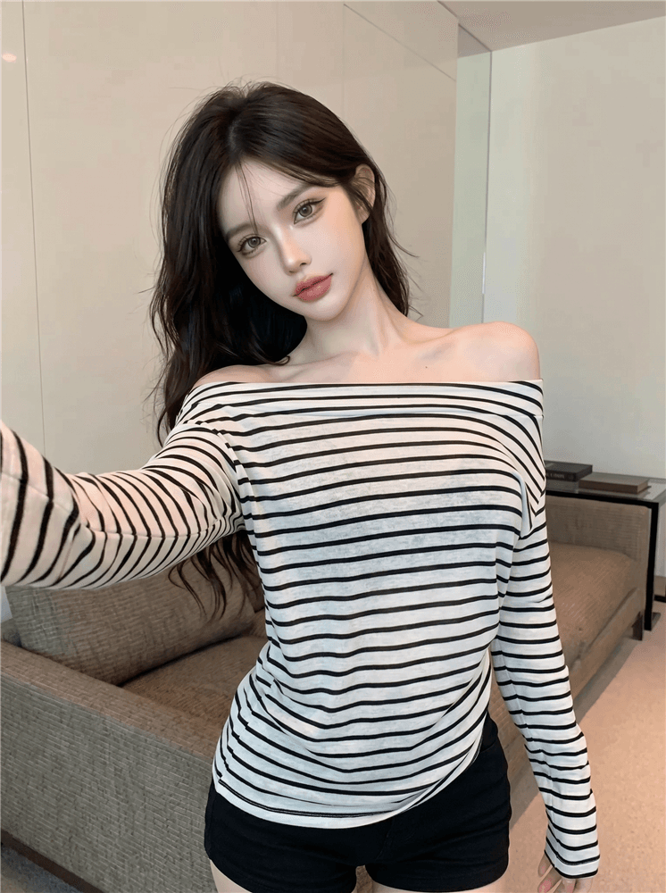 실사 정가 스트라이프 비스듬한 어깨 자외선 차단 블라우스 긴팔 티셔츠 여성 루즈핏 얇은 스타일 에어컨 맨위 이미지 4