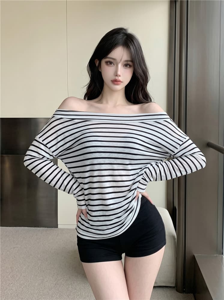실사 정가 스트라이프 비스듬한 어깨 자외선 차단 블라우스 긴팔 티셔츠 여성 루즈핏 얇은 스타일 에어컨 맨위 상세 이미지 3