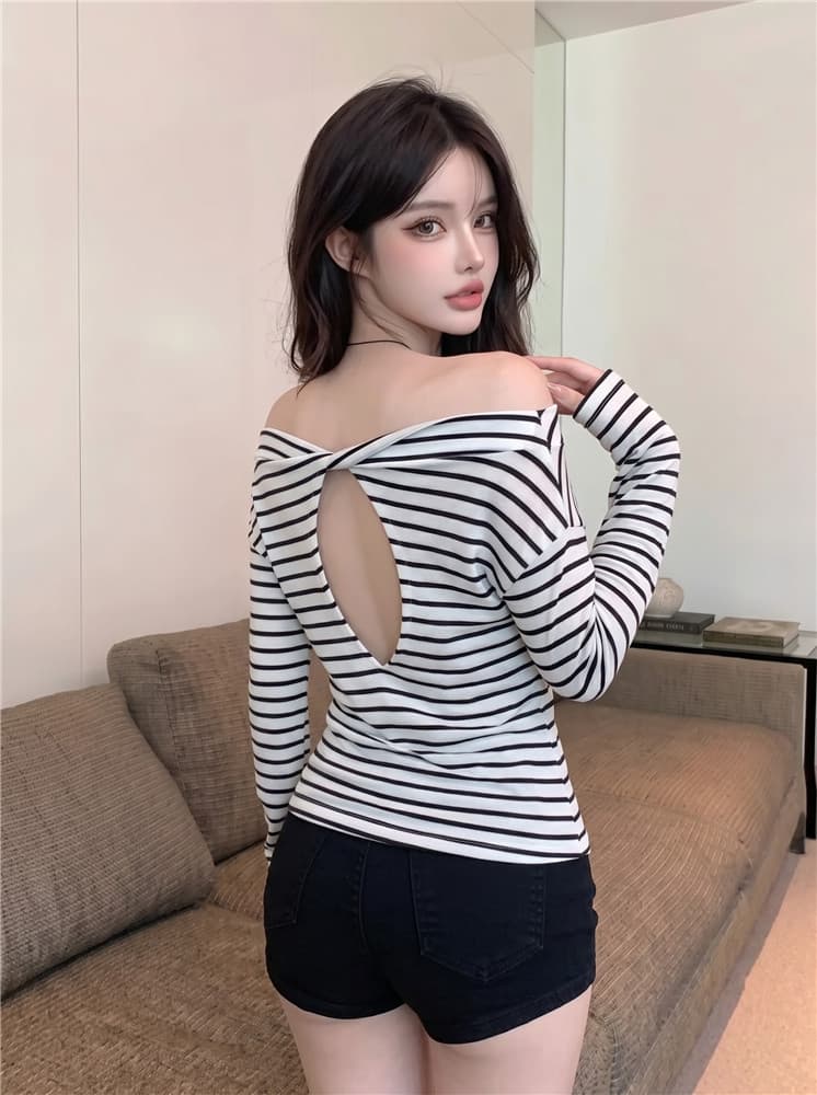 실사 정가 스트라이프 비스듬한 어깨 자외선 차단 블라우스 긴팔 티셔츠 여성 루즈핏 얇은 스타일 에어컨 맨위 상세 이미지 5