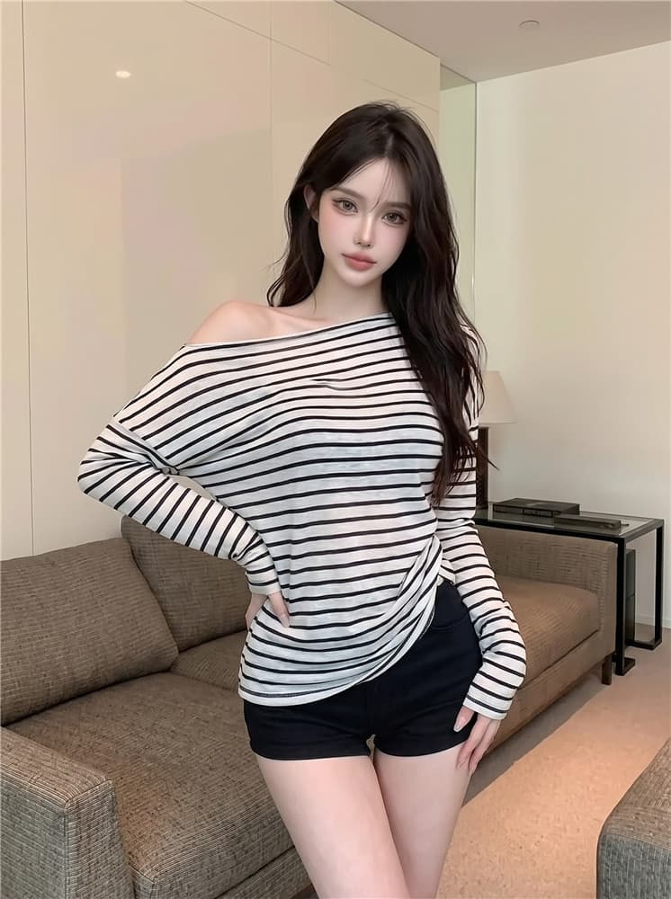 실사 정가 스트라이프 비스듬한 어깨 자외선 차단 블라우스 긴팔 티셔츠 여성 루즈핏 얇은 스타일 에어컨 맨위 상세 이미지 7
