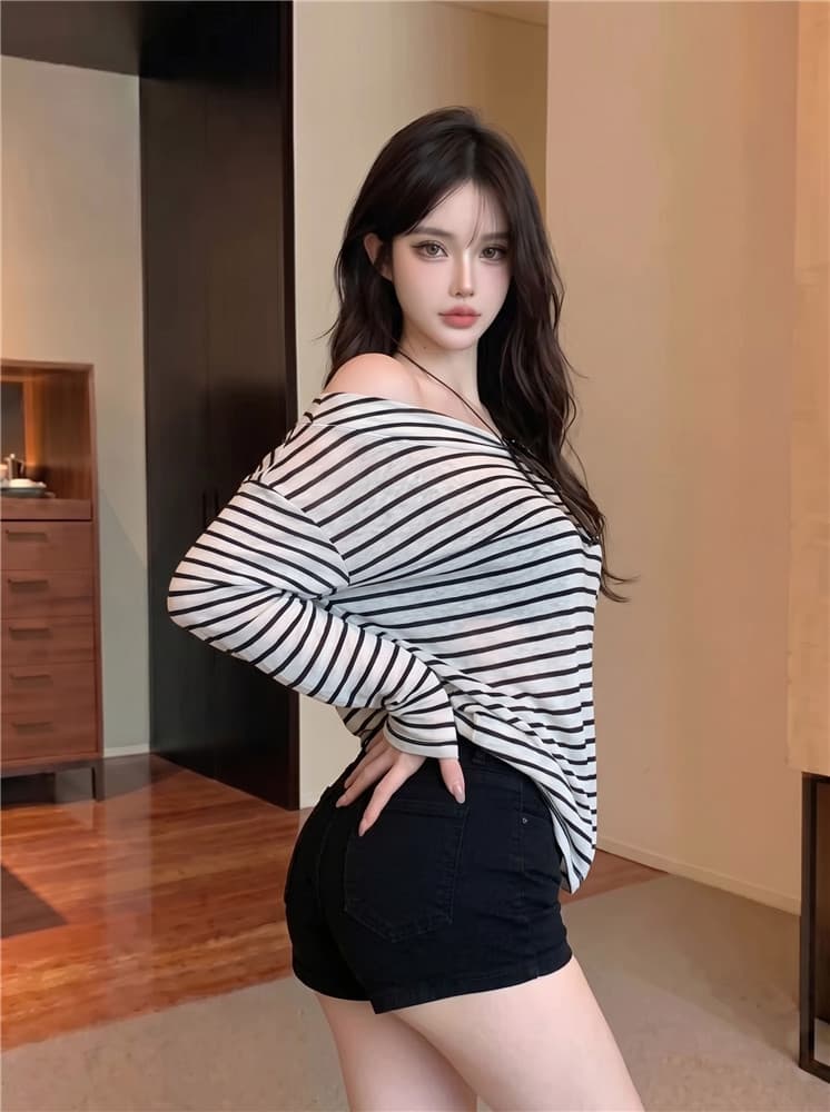 실사 정가 스트라이프 비스듬한 어깨 자외선 차단 블라우스 긴팔 티셔츠 여성 루즈핏 얇은 스타일 에어컨 맨위 상세 이미지 8