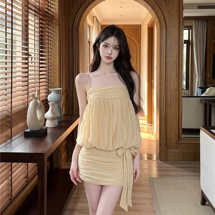 실사 정가 프랑스식 슬립 튜브탑 드레스 나비 매듭 꽃밭 타이트 스커트 주름 미니 스커트 이미지 3