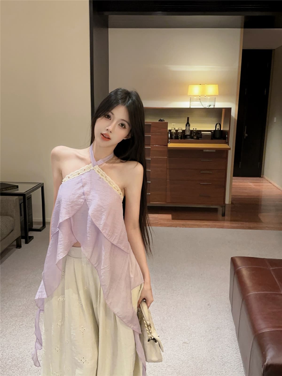 실사 정가 프랑스식 보라색 쉬폰 행침 목 여름 민소매 프릴 디자인 센스 오프숄더 맨위 상세 이미지 3