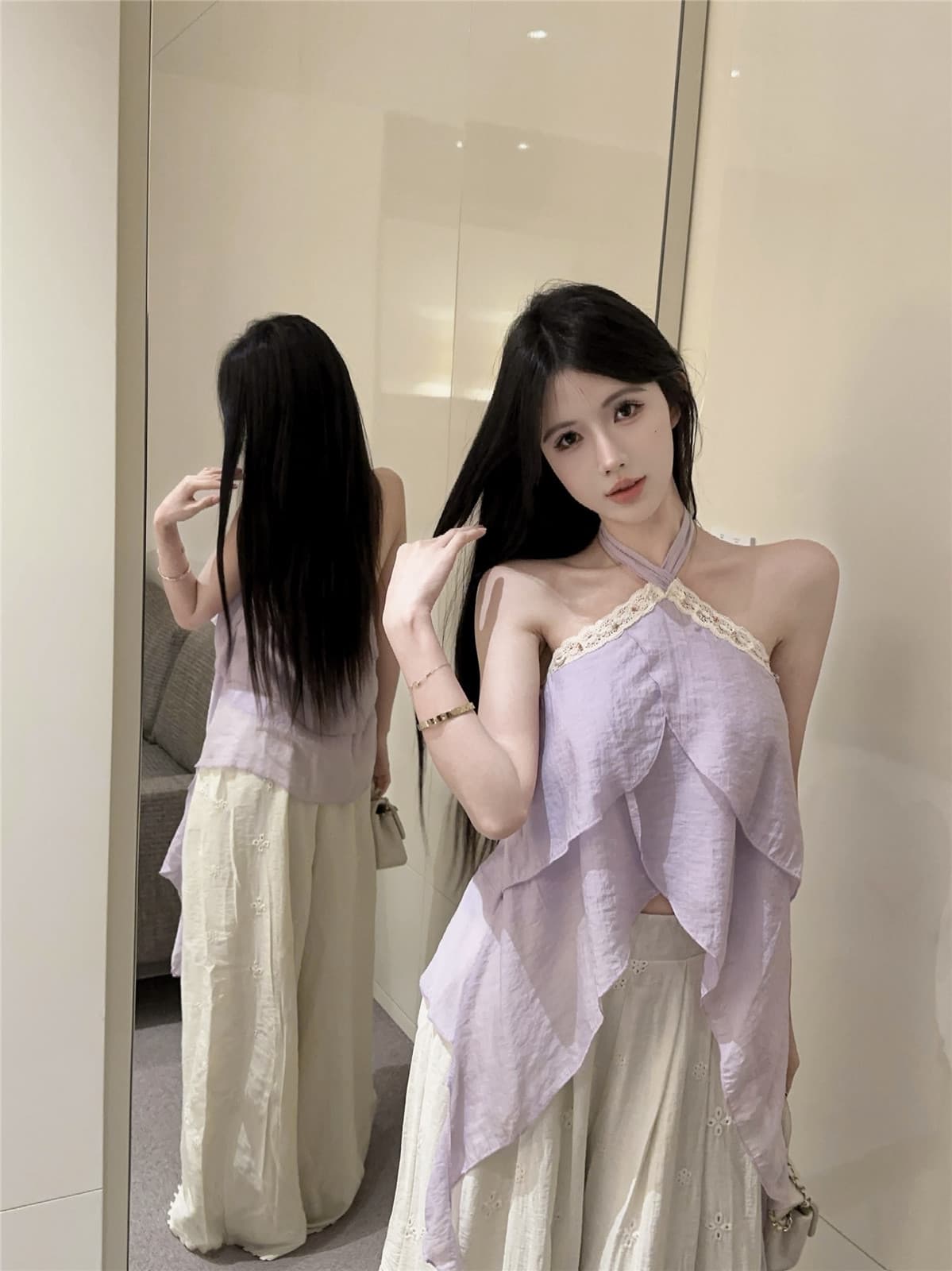 실사 정가 프랑스식 보라색 쉬폰 행침 목 여름 민소매 프릴 디자인 센스 오프숄더 맨위 상세 이미지 13
