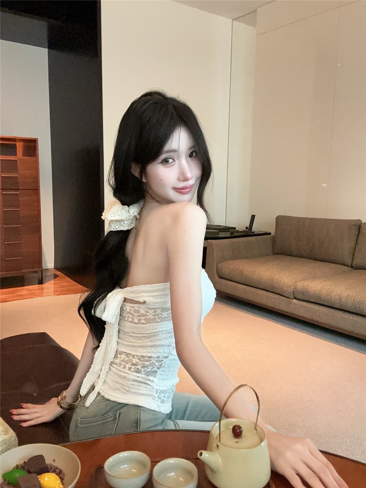 실사 정가 프랑스식 홀로우 아웃 레이스 튜브탑 조끼 순수한 욕망 화이트 백리스 레이스업 나비 매듭 쇼트 스타일 맨위 이미지 4